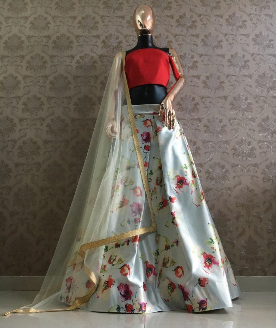 Sea green zari satin big rose flower printed crop top lehenga