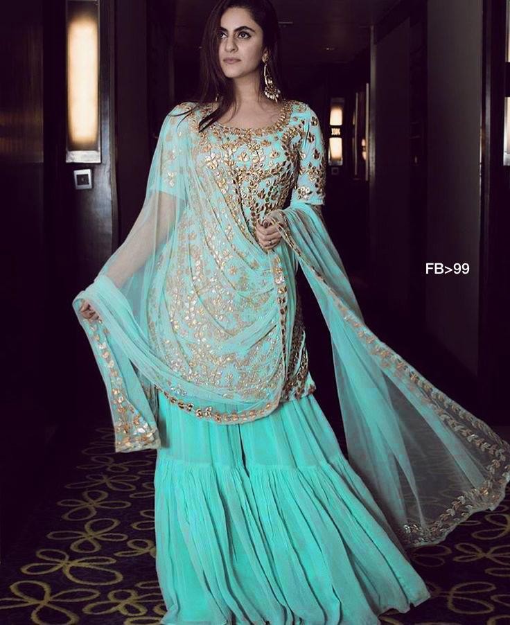 Sea green zari worked top sharara salwar suit