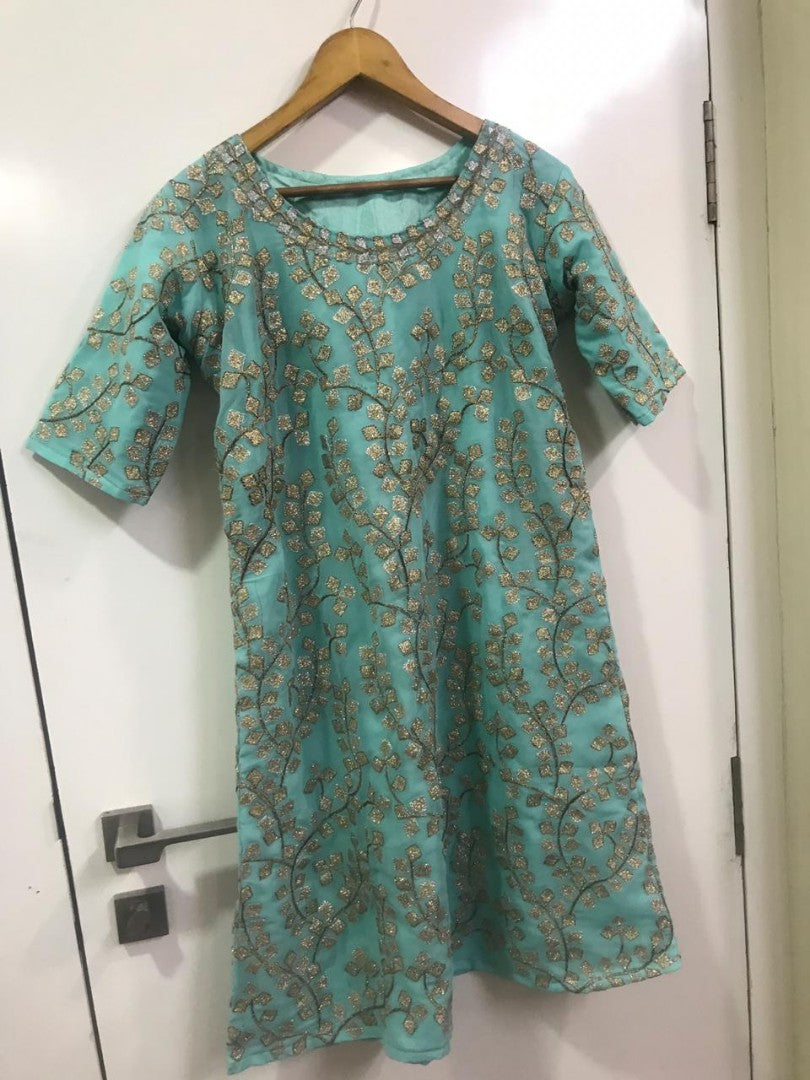 Sea green zari worked top sharara salwar suit