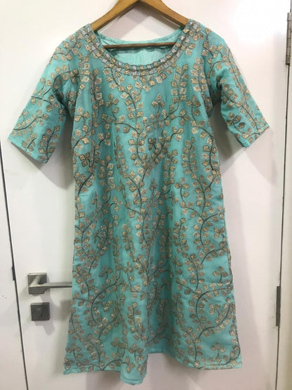 Sea green zari worked top sharara salwar suit