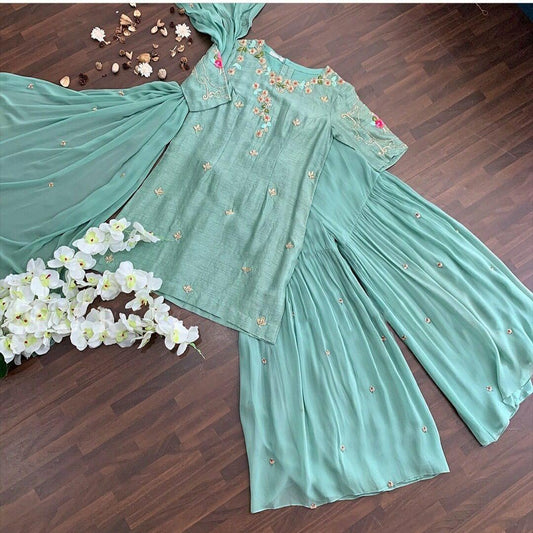 Sea reen embroidered sharara suit