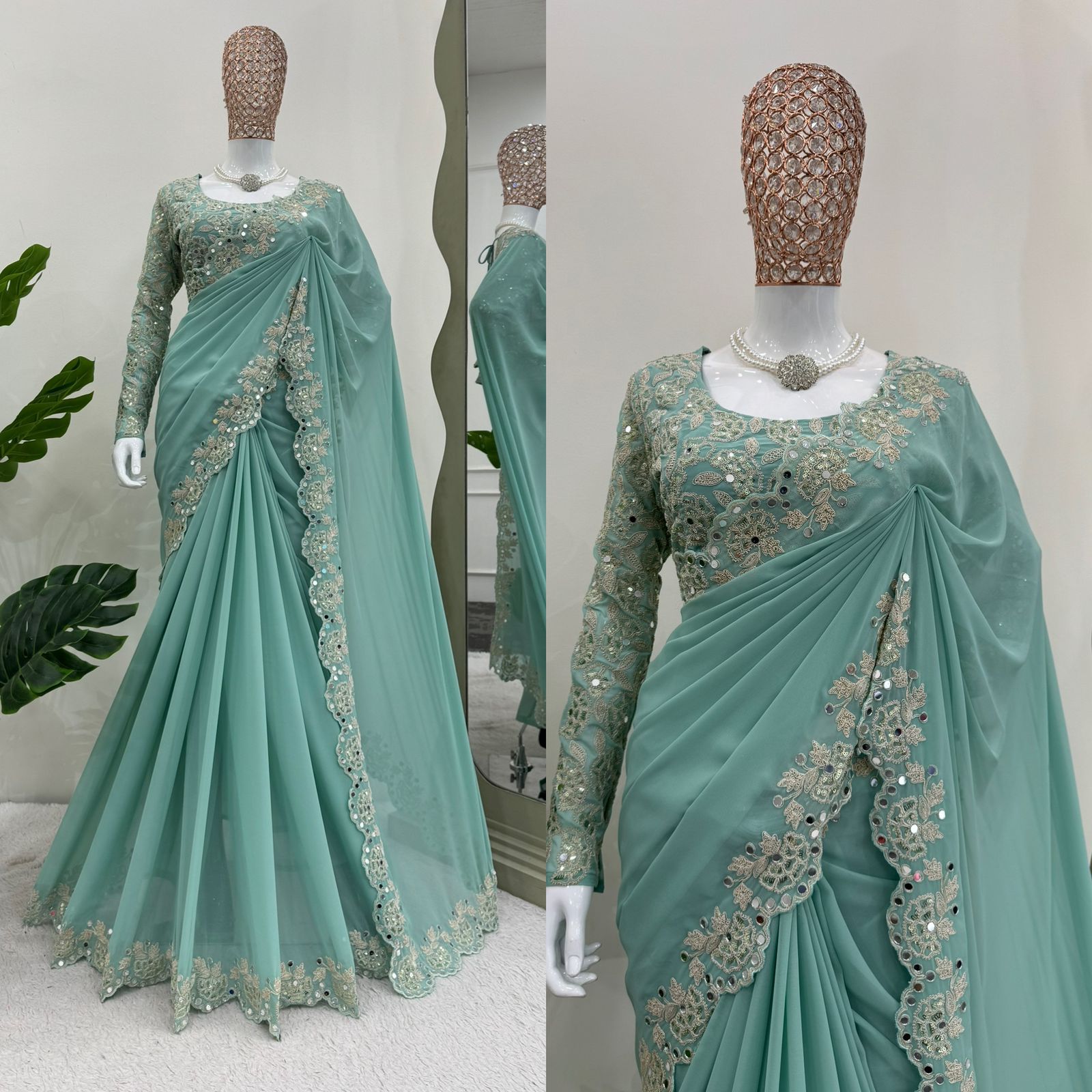 Designer georgette sequin mirror work wedding saree