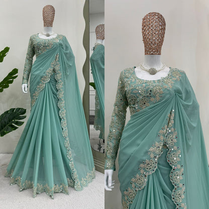 Designer georgette sequin mirror work wedding saree