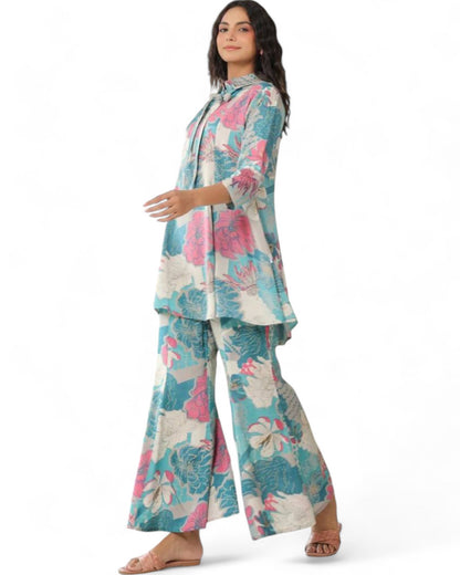 Stylish muslin floral printed co ord set Sea Green