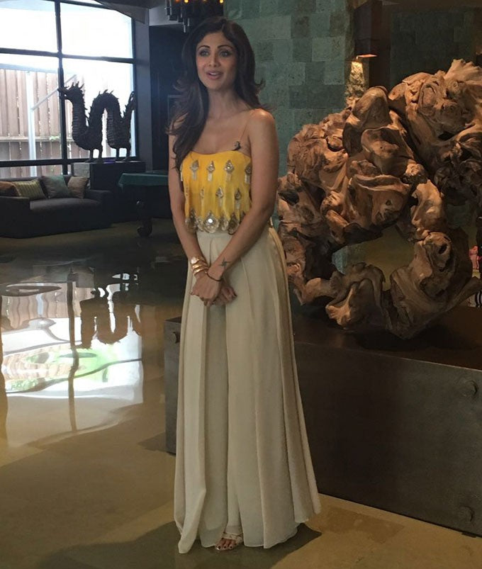 Shilpa shetty off white plazzo with yellow embroidered top