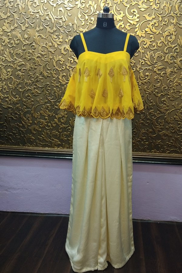 Shilpa shetty off white plazzo with yellow embroidered top