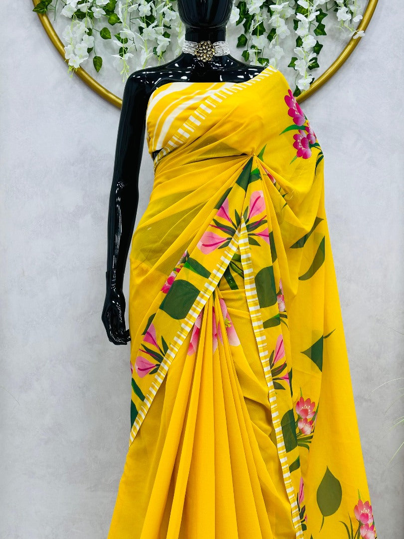Shilpa shetty yellow georgette printed bollywood saree