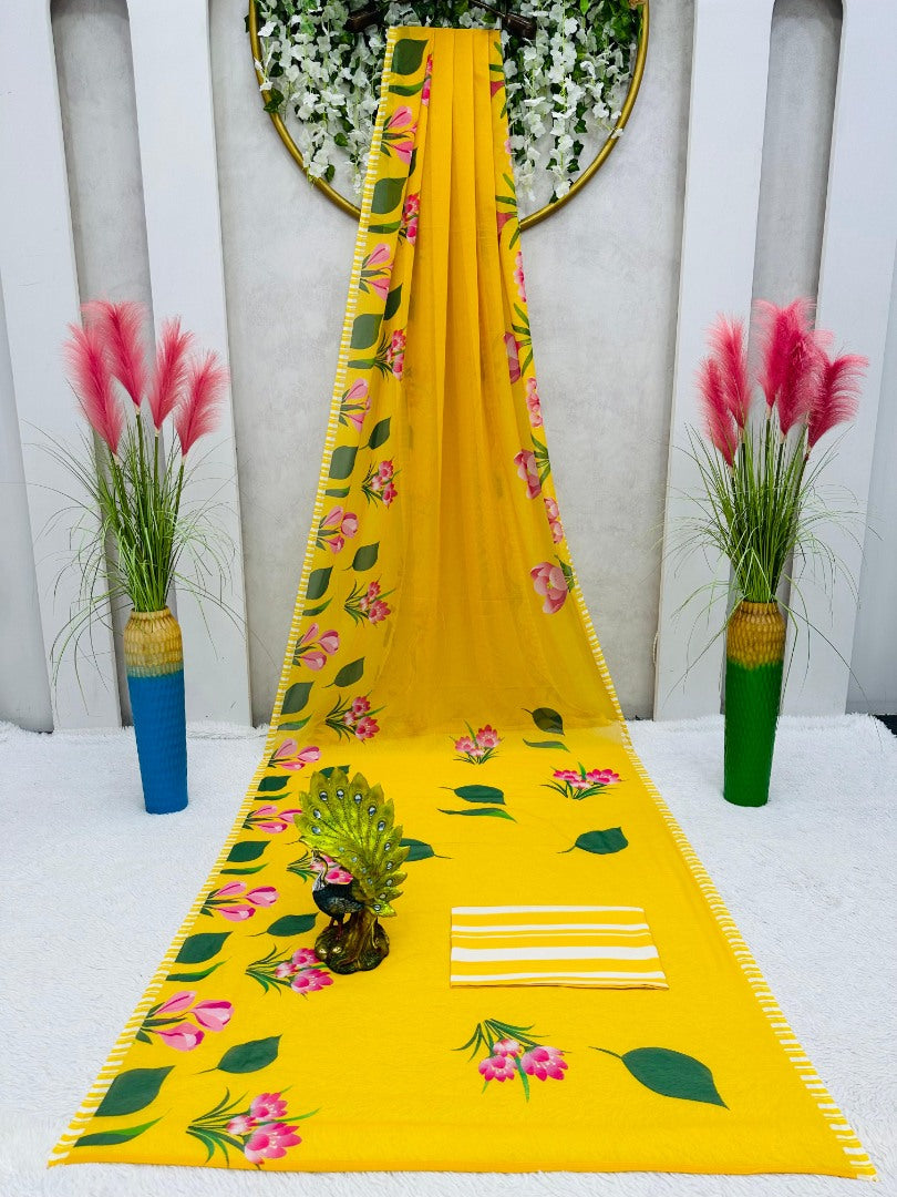 Shilpa shetty yellow georgette printed bollywood saree