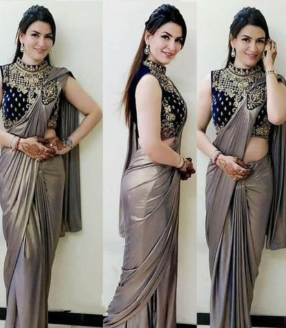 Shiny grey lycra silk partywear saree