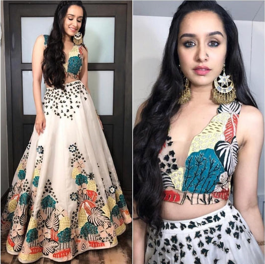 shradhdha kapoor white banarasi silk digital printed partywear lehenga