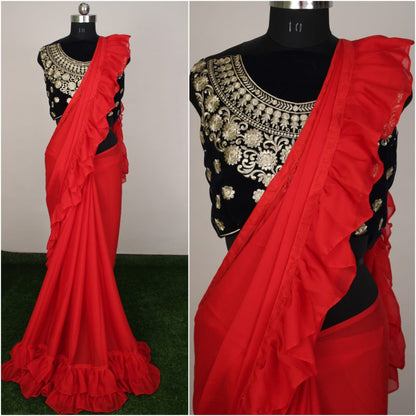 Silky chiffon plain stylist partywear saree with designer blouse