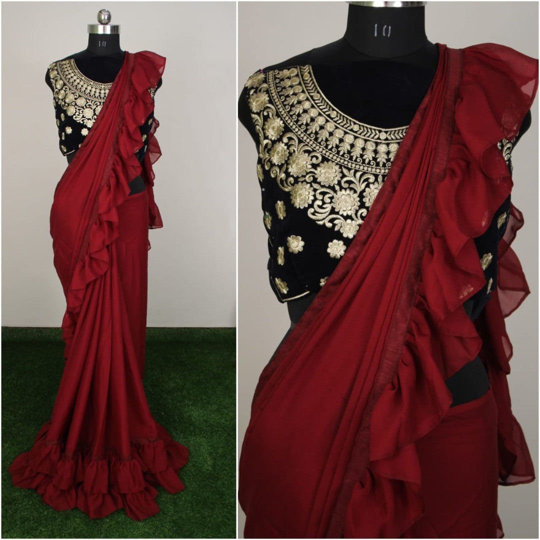 Silky chiffon plain stylist partywear saree with designer blouse