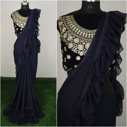 Silky chiffon plain stylist partywear saree with designer blouse