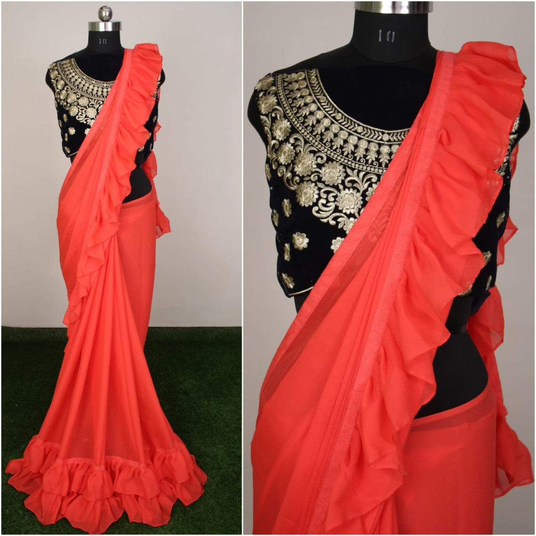 Silky chiffon plain stylist partywear saree with designer blouse