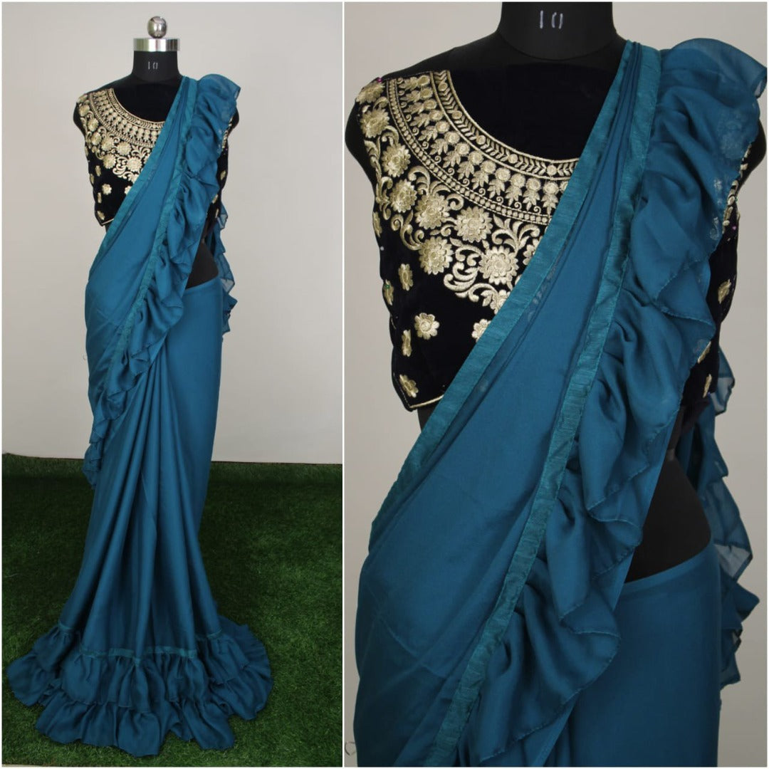 Silky chiffon plain stylist partywear saree with designer blouse