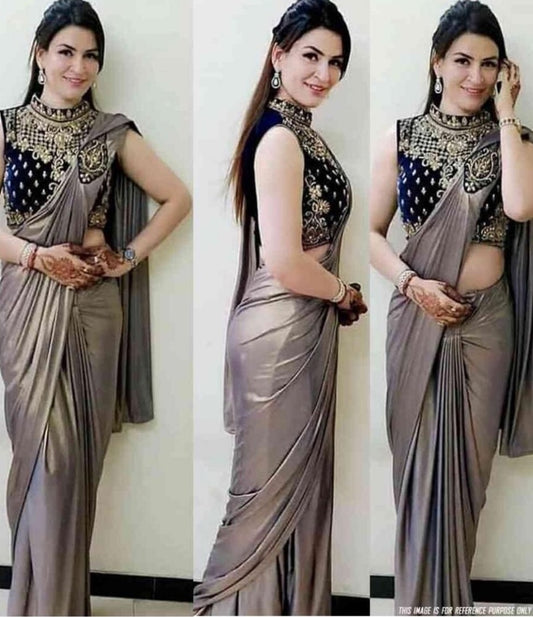 Silver grey zari georgette plain partywear saree with embroidered blouse