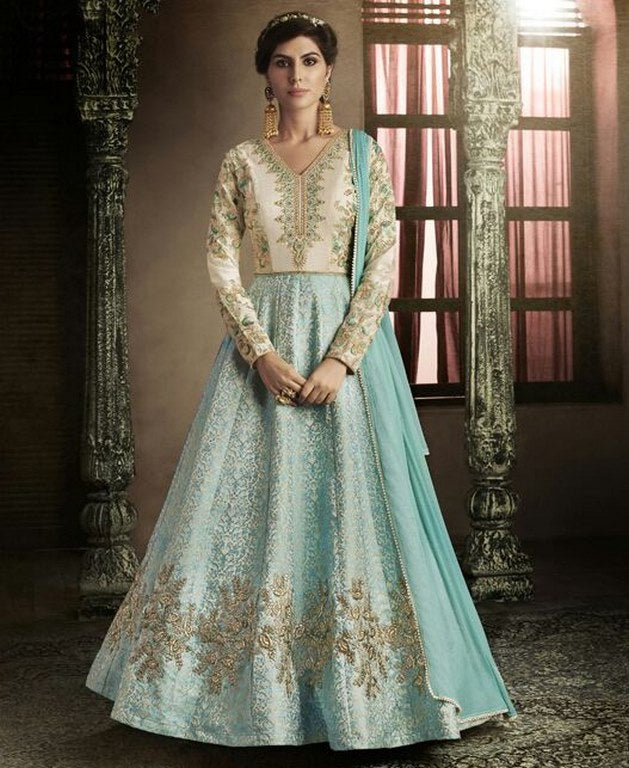 sky & Off white Colored Brocade & Silk Embroidered Semi Stitched Anarkali suit
