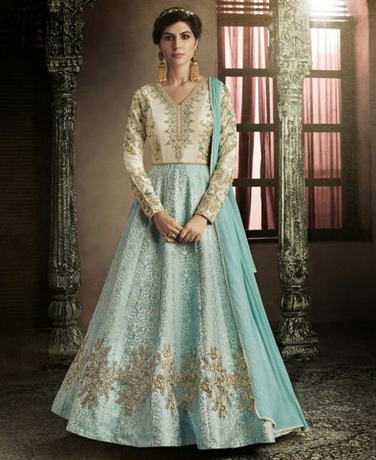 sky & Off white Colored Brocade & Silk Embroidered Semi Stitched Anarkali suit