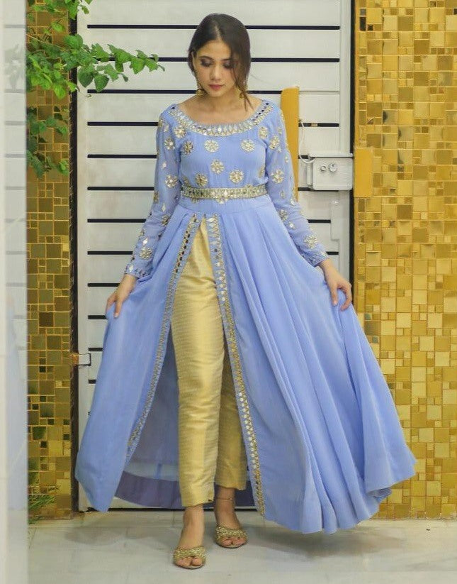 Sky blue american silk embroidered pant suit