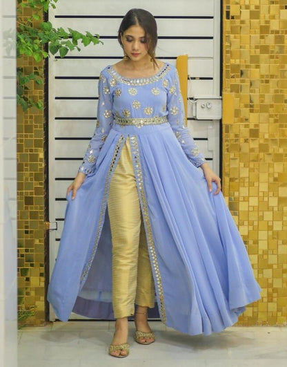 Sky blue american silk embroidered pant suit