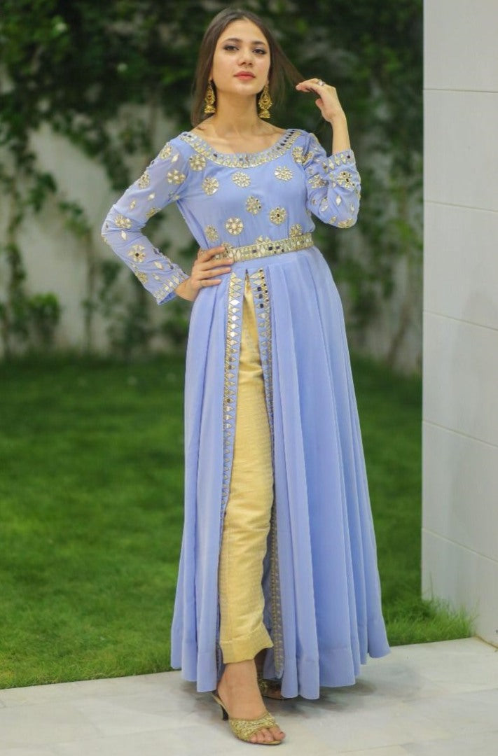 Sky blue american silk embroidered pant suit