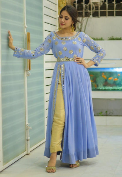 Sky blue american silk embroidered pant suit