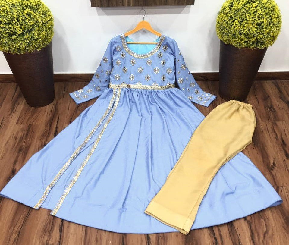 Sky blue american silk embroidered pant suit