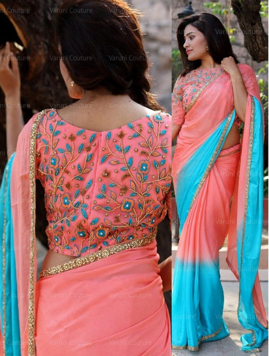Sky blue and pink colored georgette embroidered partywear saree