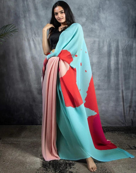 Sky blue and red georgette printed crush saree