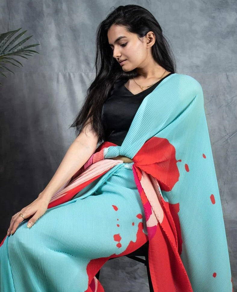 Sky blue and red georgette printed crush saree