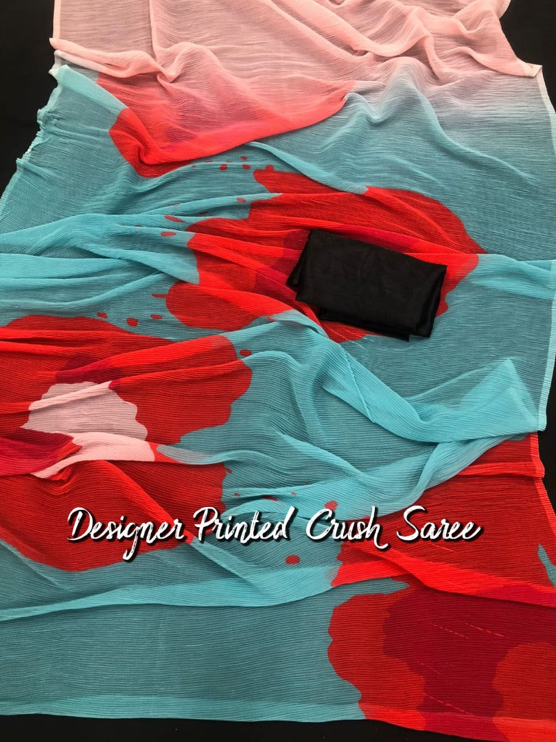 Sky blue and red georgette printed crush saree