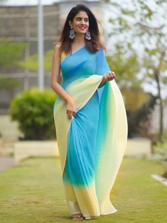 Sky blue and yellow crush georgette saree