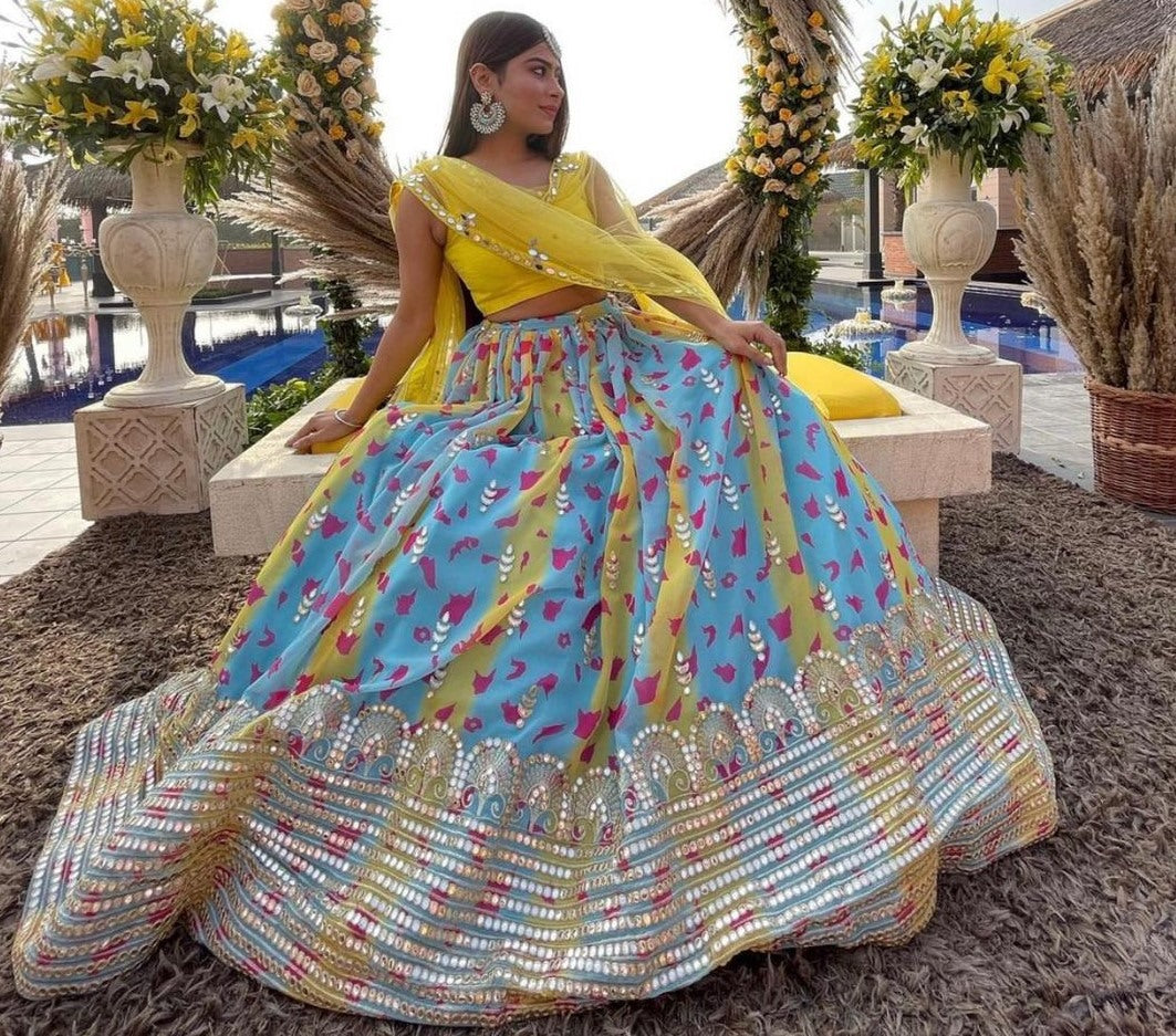 Sky blue and yellow georgette digital printed with paper miror worked lehenga choli