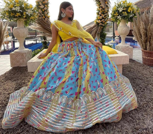 Sky blue and yellow georgette digital printed with paper miror worked lehenga choli