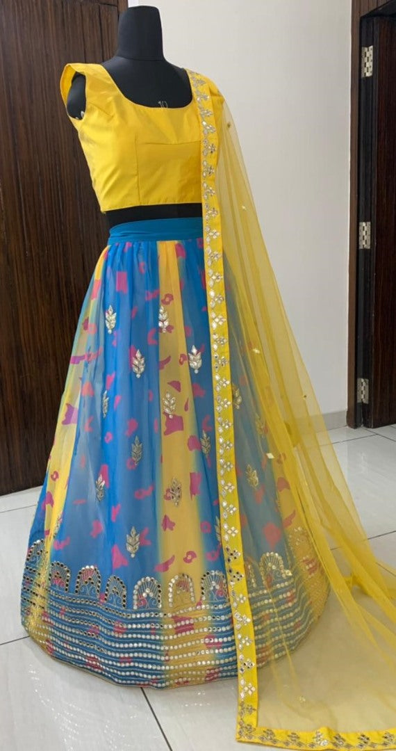 Sky blue and yellow georgette digital printed with paper miror worked lehenga choli