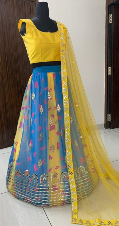 Sky blue and yellow georgette digital printed with paper miror worked lehenga choli