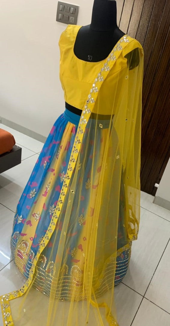 Sky blue and yellow georgette digital printed with paper miror worked lehenga choli