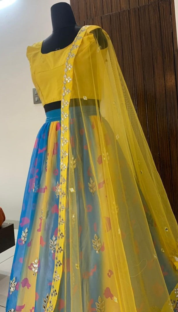 Sky blue and yellow georgette digital printed with paper miror worked lehenga choli