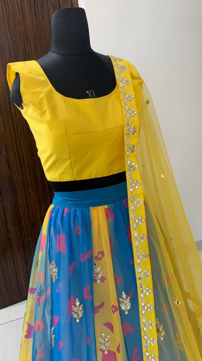 Sky blue and yellow georgette digital printed with paper miror worked lehenga choli