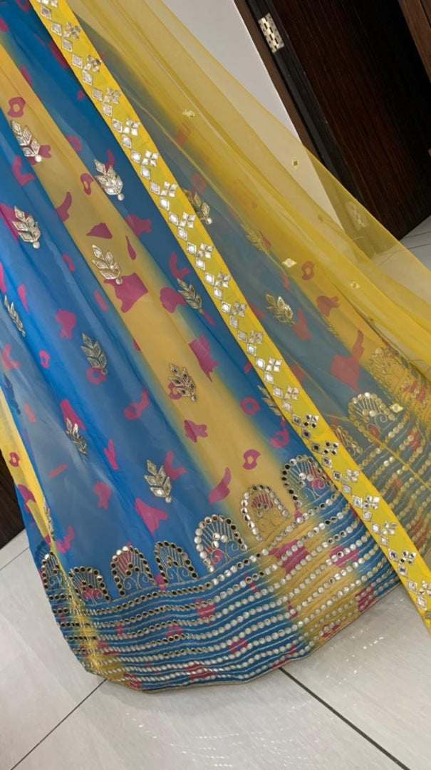 Sky blue and yellow georgette digital printed with paper miror worked lehenga choli