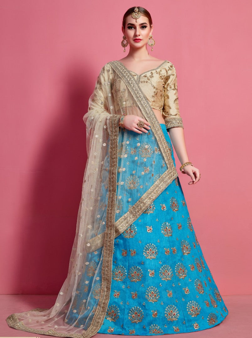Sky blue art silk embroidered party wear lehenga choli