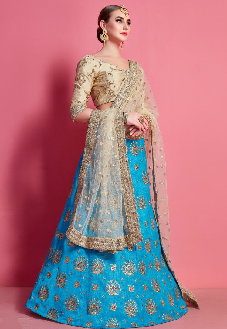 Sky blue art silk embroidered party wear lehenga choli