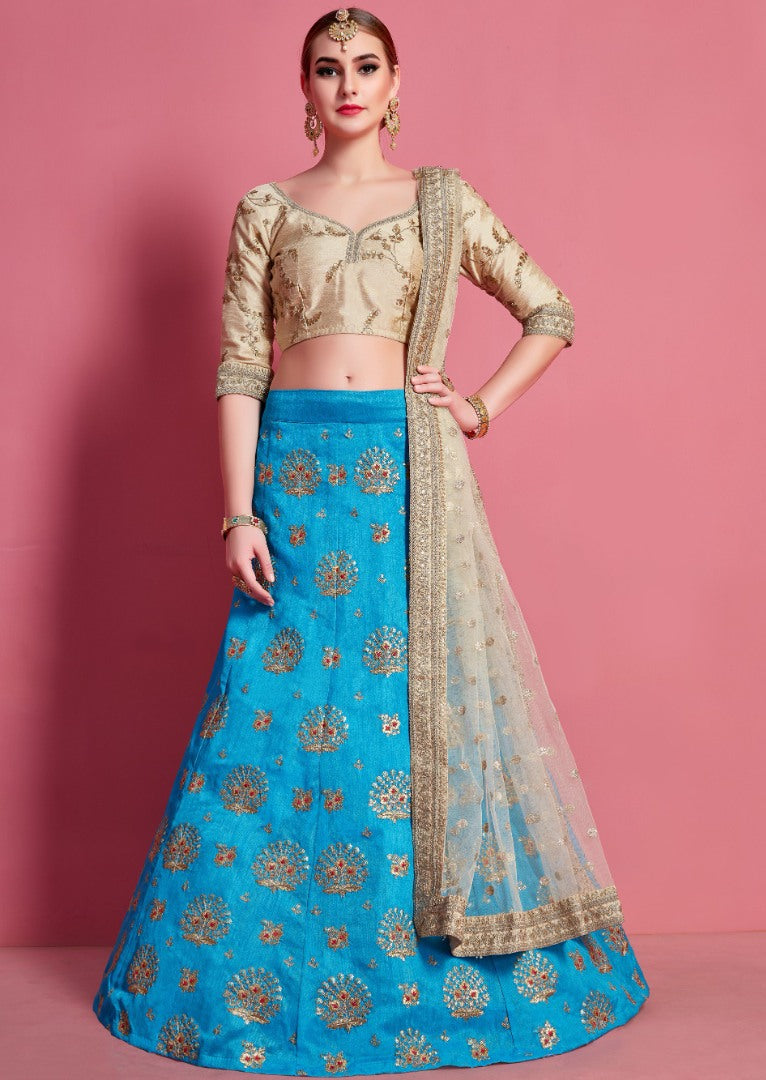 Sky blue art silk embroidered party wear lehenga choli
