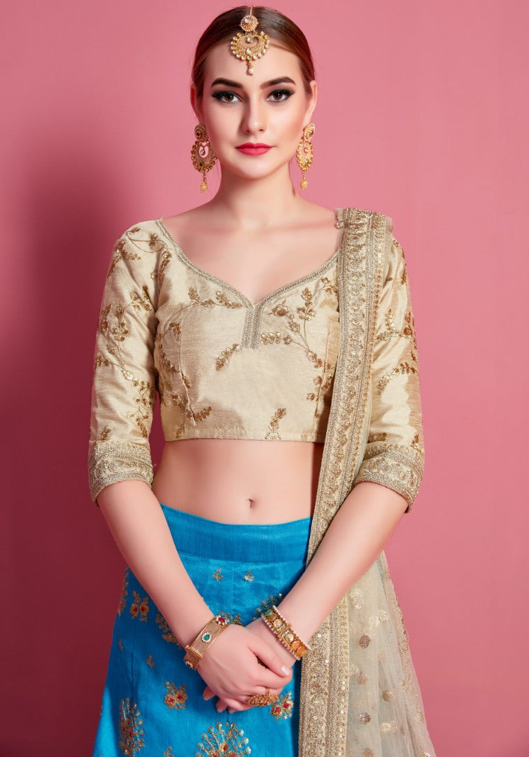 Sky blue art silk embroidered party wear lehenga choli