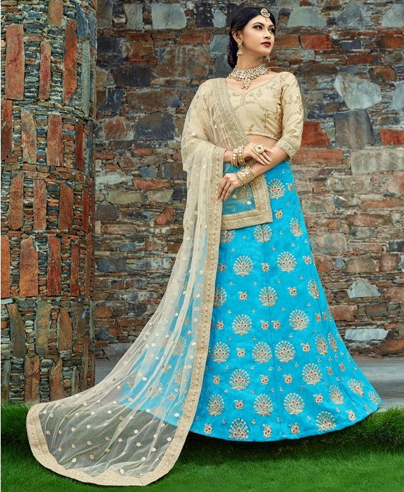 sky blue art silk embroidered wedding lehenga