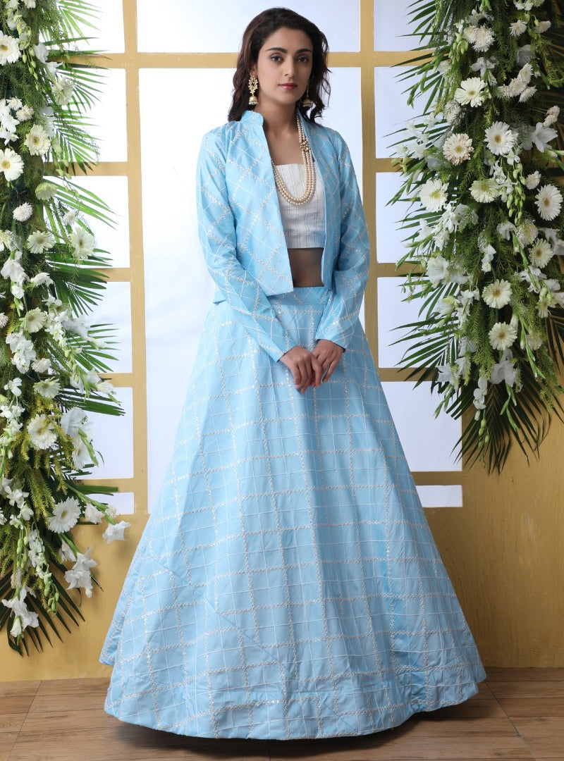 Sky blue art silk lehenga with thread and sequence work koti