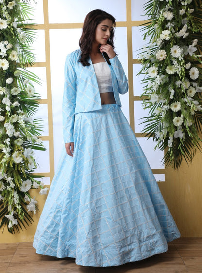 Sky blue art silk lehenga with thread and sequence work koti