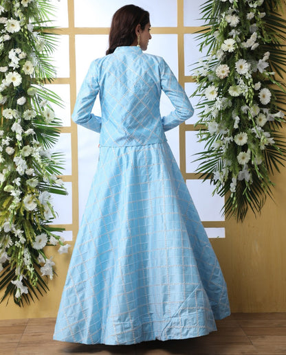 Sky blue art silk lehenga with thread and sequence work koti