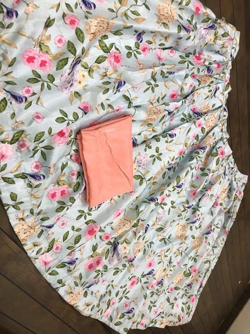 sky blue banglori satin printed girlish crop top lehenga