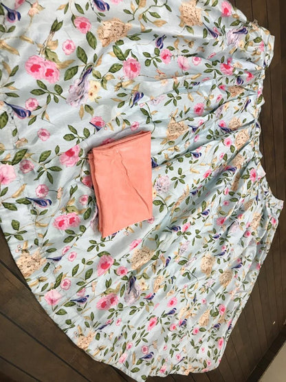 sky blue banglori satin printed girlish crop top lehenga